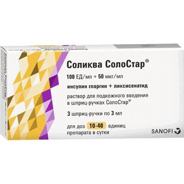 Соликва СолоСтар 100 ЕД/мл+50 мкг/мл раствор для инъекций картридж в шприц-ручке 3 мл 3 шт