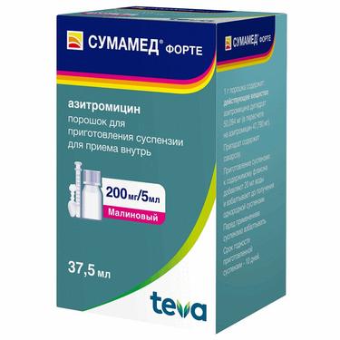 Сумамед Форте 200 мг/5 мл порошок для приготовления суспензии для приема внутрь Малина 37,5 мл