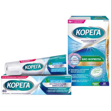 Набор Корега Био Формула Таблетки для очищения 30 шт + Корега Экстрасильная фиксация Крем Мята 40 г