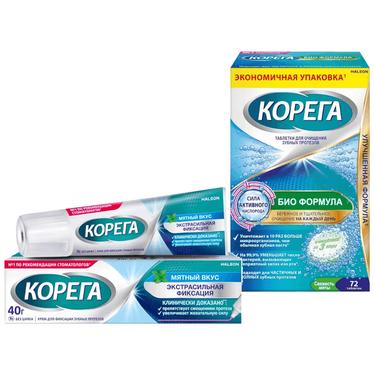 Набор Корега Био Формула Таблетки для очищения 72 шт + Корега Экстрасильная фиксация Крем Мята 40 г