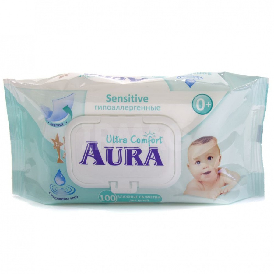 Aura Ultra Comfort Салфетки влажные для детей Алоэ+Вит Е 100 шт