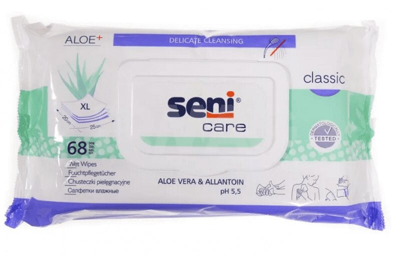 Seni Care Classic Салфетки влажные с аллантоином и алоэ вера 68 шт