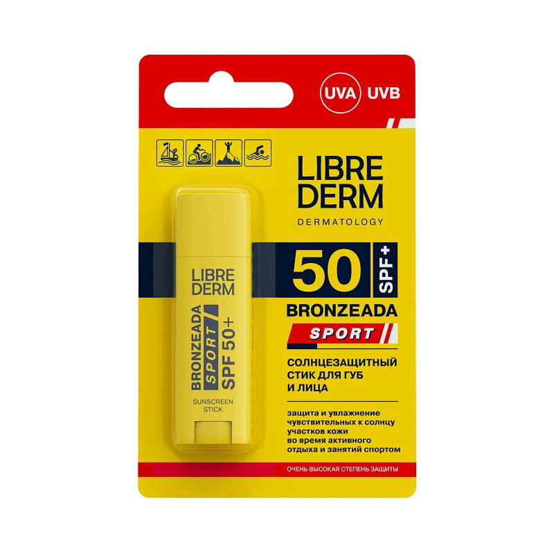 Librederm Bronzeada Sport Стик cолнцезащитный для губ и лица SPF 50+ 4,8 г