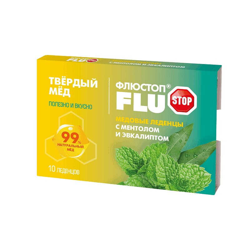 Флюстоп Твердый Мед леденцы медовые Ментол-Эвкалипт 10 шт