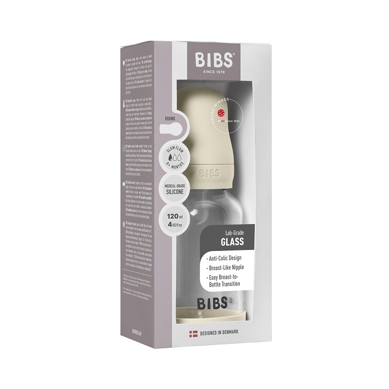 Bibs Бутылочка стеклянная для кормления с силиконовой соской медленный поток 120 мл слоновая кость