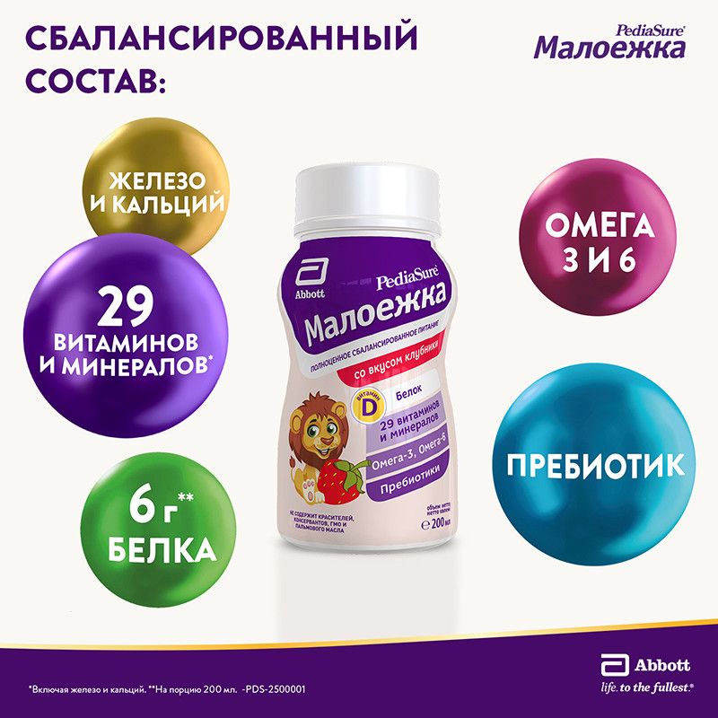 Малоежка Питание детское сбалансированное с 1 до 10 лет Клубника 200 мл