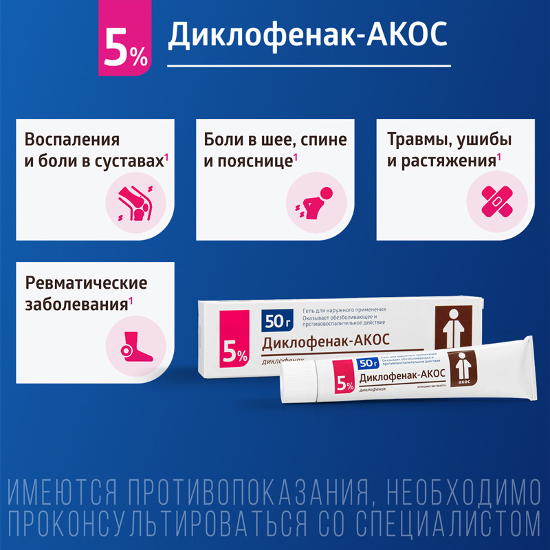 Диклофенак-АКОС 5% гель для наружного применения 50 г