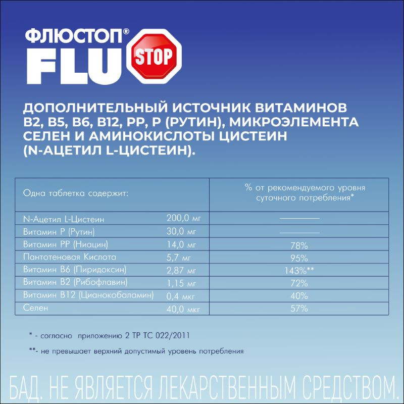 Флюстоп 200 мг таблетки шипучие с витаминами 20 шт