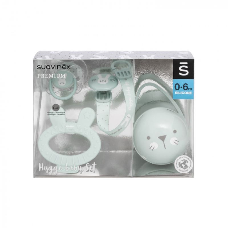 Suavinex Hygge Baby Набор детский пустышка + контейнер + держатель + прорезыватель Зеленый