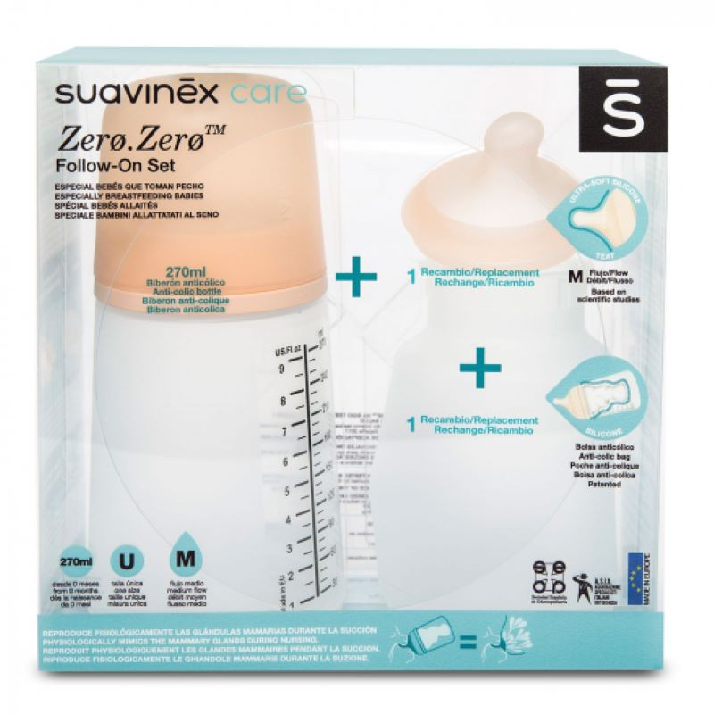 Suavinex Zero Zero Набор детский бутылочка 270 мл + антиколиковый контейнер + силиконовая соска