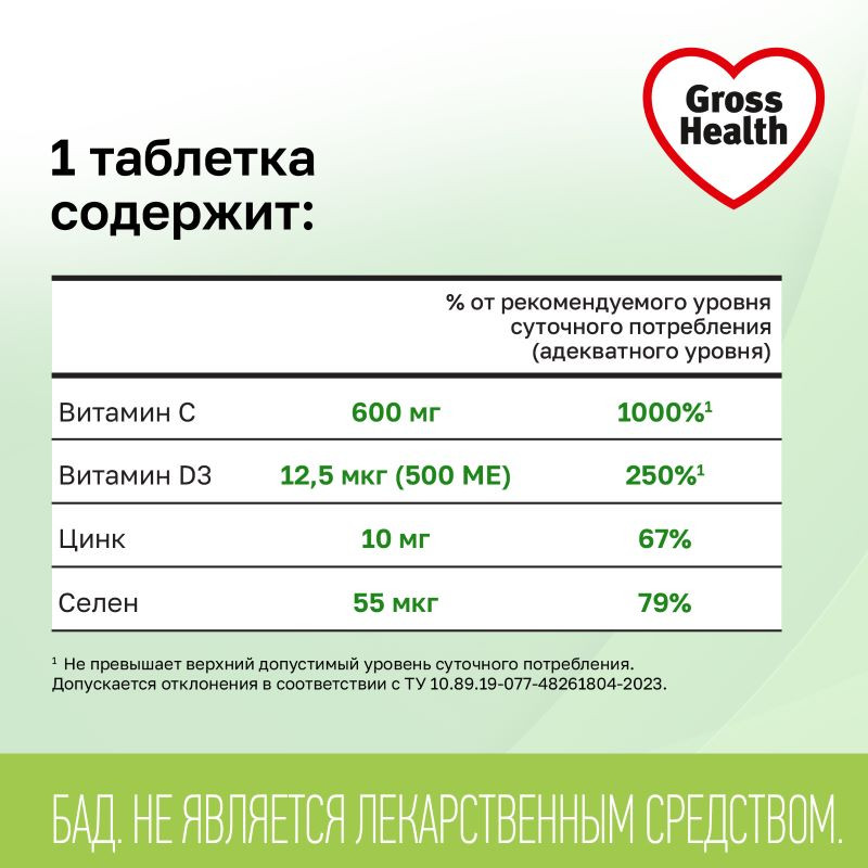Gross Health Витамин С+Д+Цинк+Селен 600 мг таблетки шипучие Апельсин 20 шт