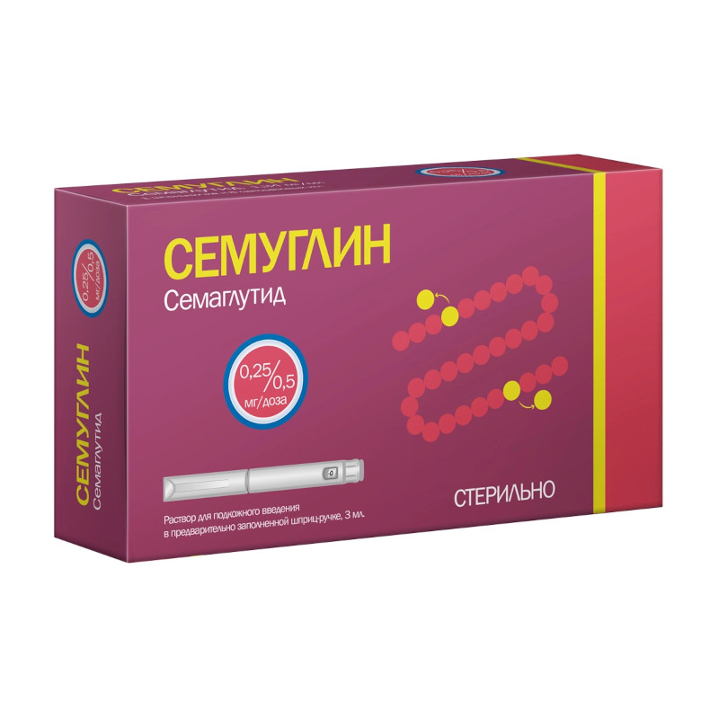 Семуглин 1,34 мг/мл раствор для инъекций 0,25/0,5 мг/доза шприц-ручка 3 мл + иглы 8 шт