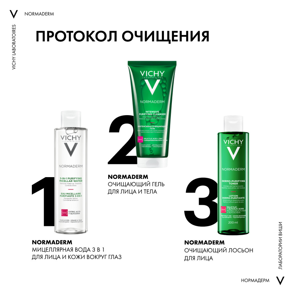Vichy Normaderm Вода мицеллярная 3в1 для лица и кожи вокруг глаз 200 мл
