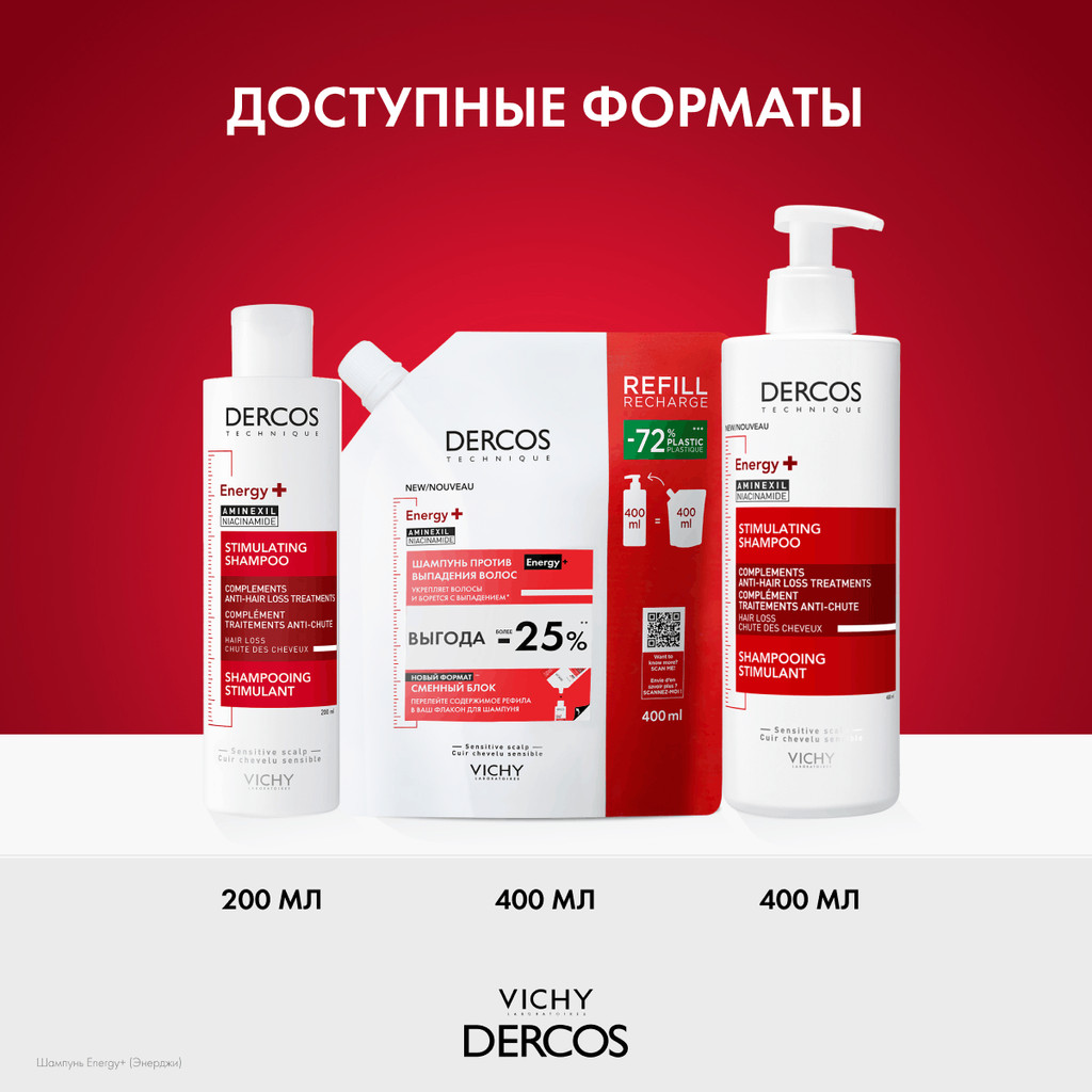Vichy Dercos Energy+ Шампунь тонизирующий против выпадения и истончения волос 400 мл