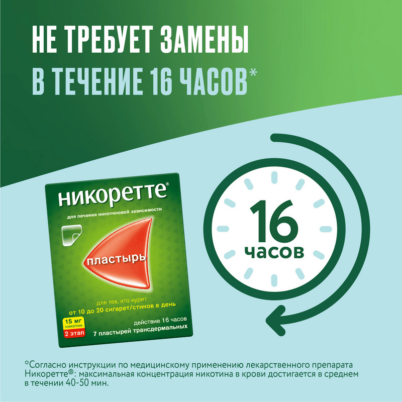 Никоретте 15 мг/16 ч пластырь трансдермальный 2 этап 7 шт